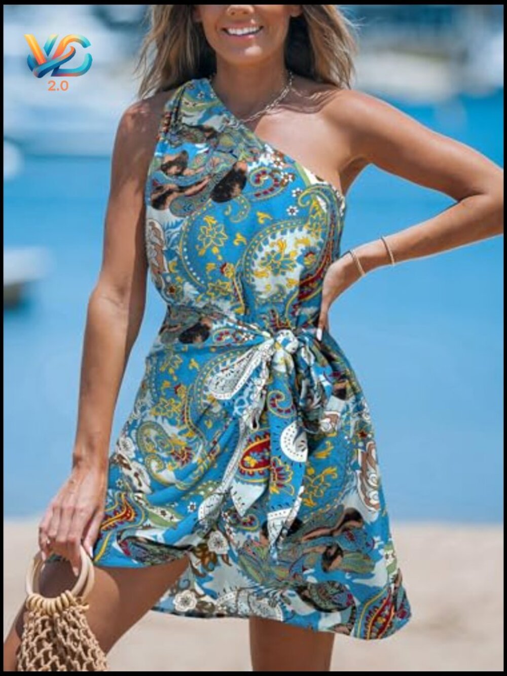 One Shoulder Leaf Print Self-tie Short Dress Sleeveless Tiered Hem - Picture 2 of 7